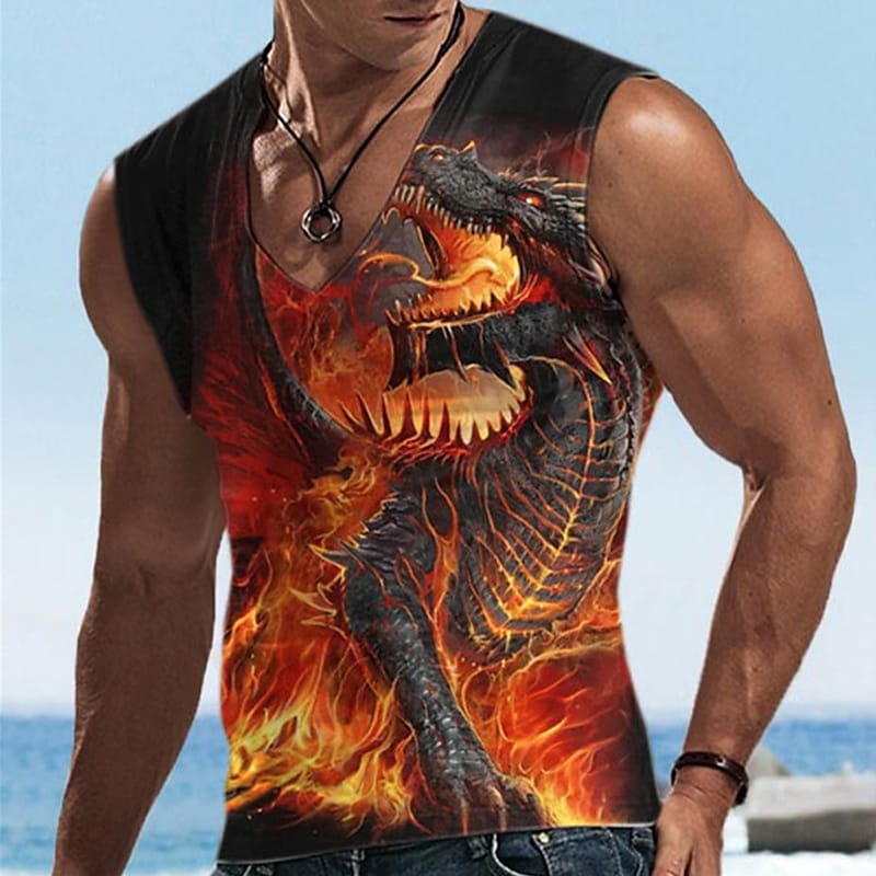 Men's Vest Top Graphic Animal Dragon V Neck 3D Print Daily Vacation Sleeveless Top