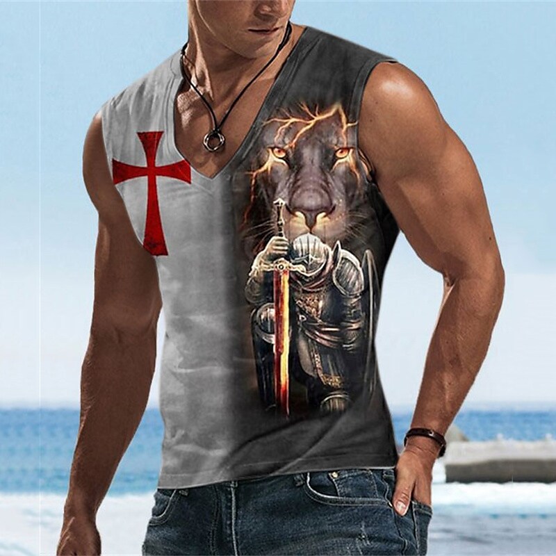 Men's Tank Top Sleeveless Lion Templar Cross Graphic Prints Cross V Neck 3D Sleeveless Basic Casual T Shirt