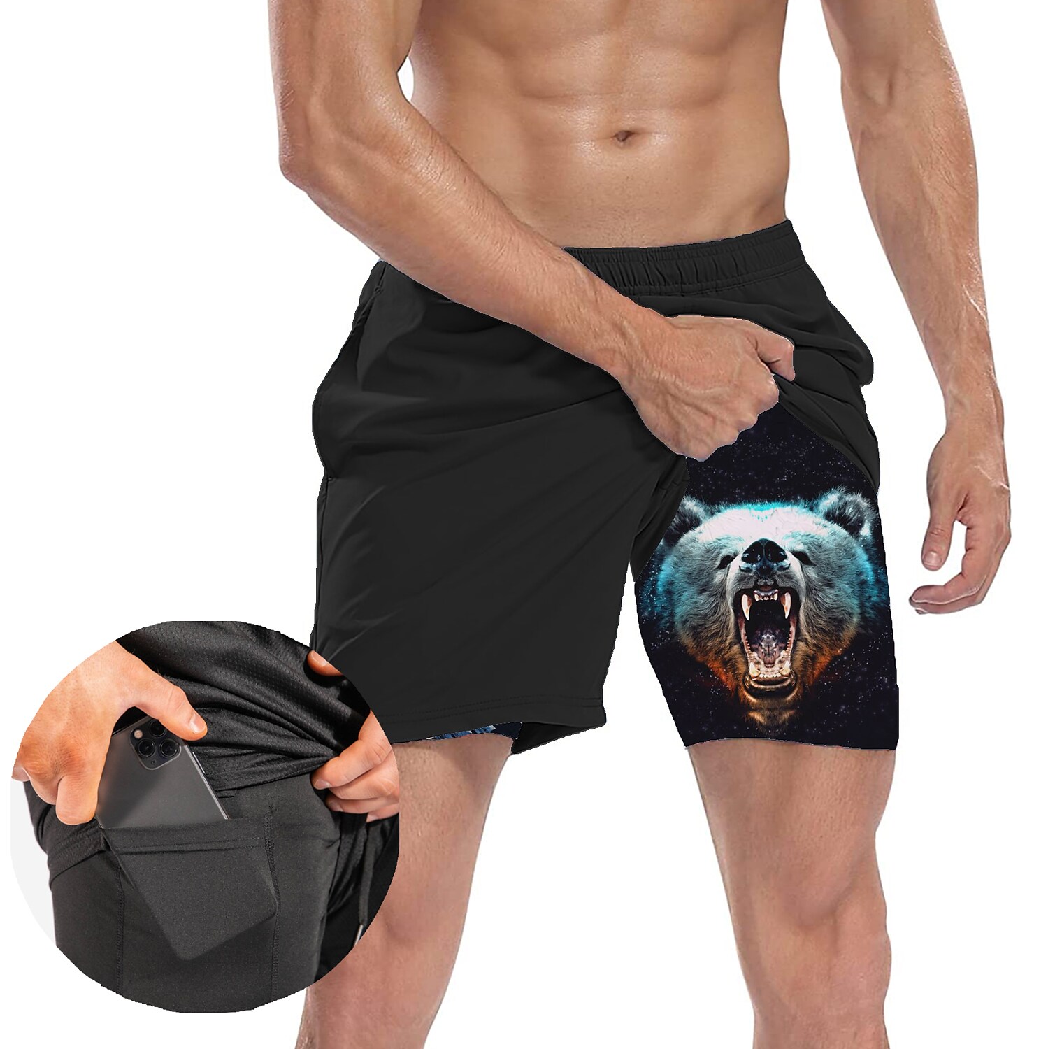 Men's Fitness Quick Dry Drawstring Side Pockets Breathable Printed Pattern Casual Sports Shorts