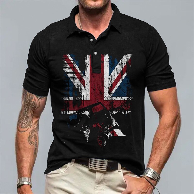 Men's Button Up Lapel Polo Golf Shirt Graphic Prints Flame American Flag Turndown Outdoor Street Short Sleeves Print  Polo Shirt