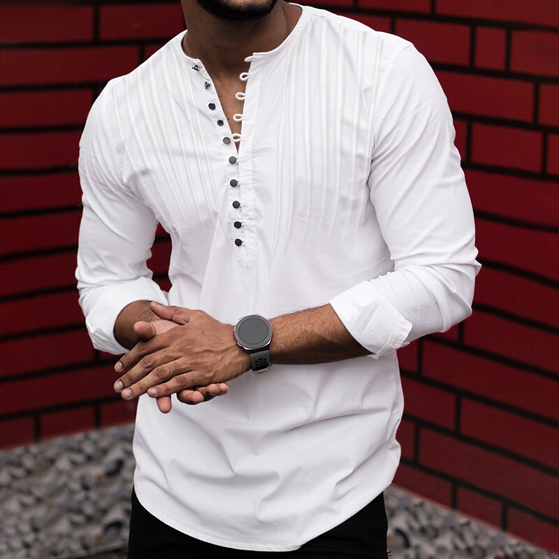 Men's Button down Long Sleeve Plain Crew Neck Street Vacation Stylish Modern Casual Henley