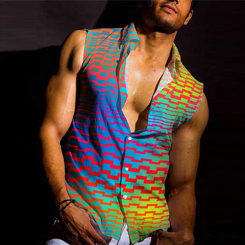 Men's Linen  Shirt Rainbow Graphic Prints Geometry Turndown Outdoor Street Sleeveless  Fashion Streetwear