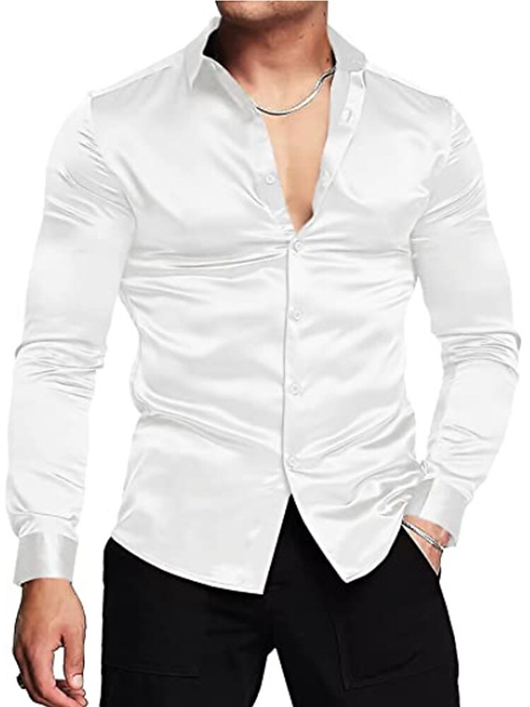 Men's Prom Wedding Party Casual Solid Color Smooth Stand Collar Button Up Shirt