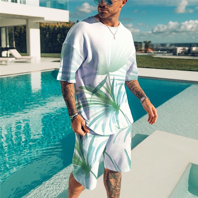 Men's Shorts and T Shirt Set Outfits Graphic Tropical Plant Crew Neck Outdoor Short Sleeve 3D Print 2 Piece set