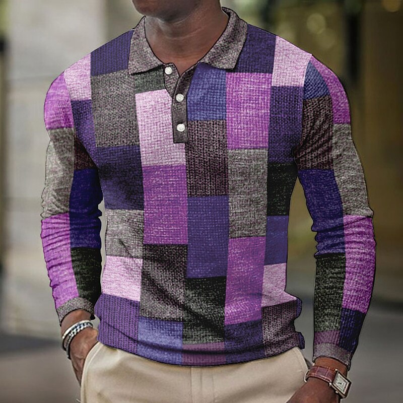Men's Casual Outdoor Street Fashion Comfortable Soft Plaid Long Sleeves Polo Shirt