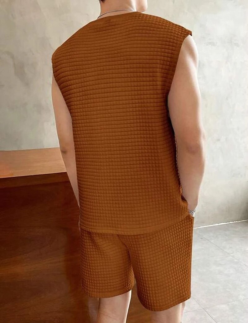 Men's Outdoor Vacation Casual Comfortable Breathable Soft Plain Vest Top Shorts Suit