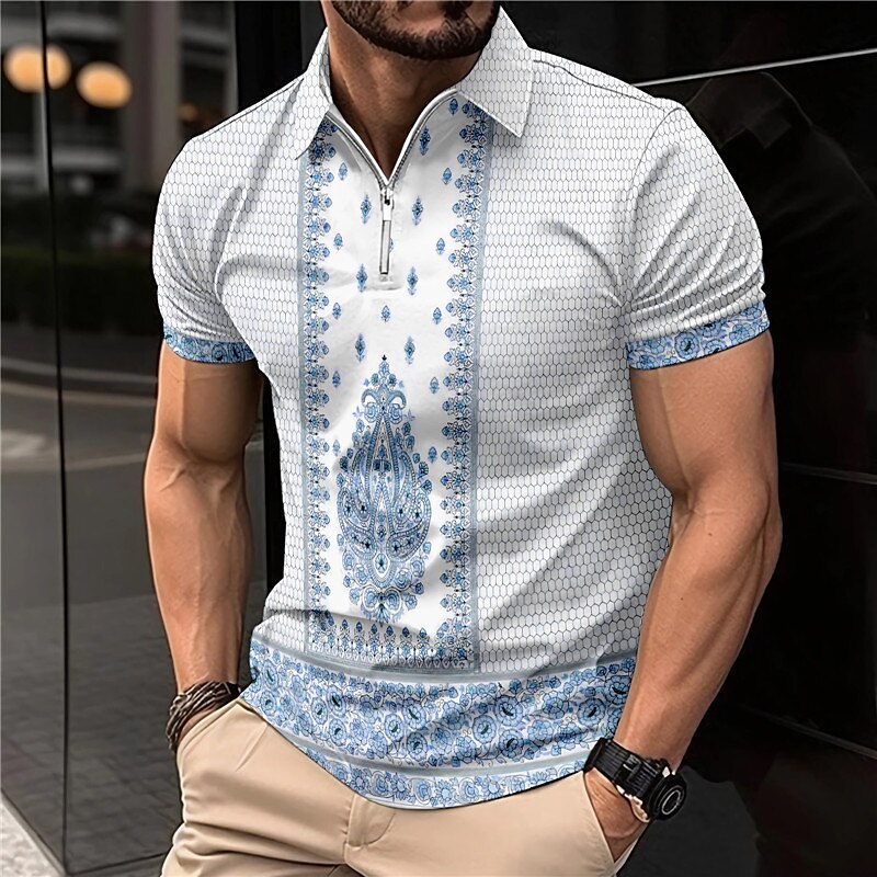 Men's Outdoor Casual Vacation Fashion Comfortable Soft Zipper Print Short Sleeves Polo Shirt