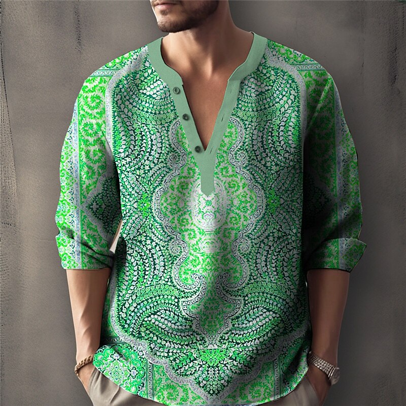 Men's Linen Shirt Graphic Prints Vintage Totem Stand Collar  Outdoor Street Long Sleeve Print Linen Casual Shirt 