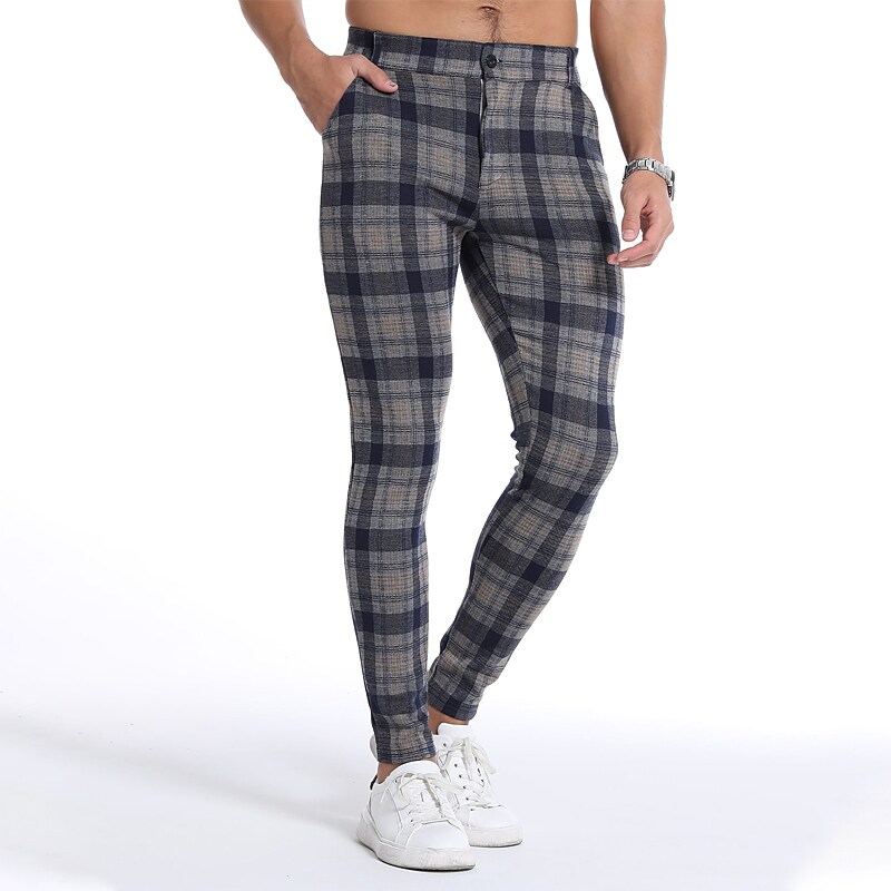 Men's Pants Plaid Pants Pocket Print Plaid Comfort Breathable Outdoor Going out Cotton Blend Streetwear Stretchy Trousers 