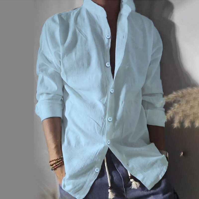 Men's Outdoor Beach Street Casual Comfortable Breathable Solid Color Lapel Long Sleeve Shirt 