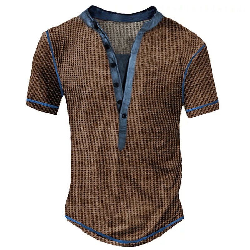 Men's Outdoor Street Fashion Casual Breathable Comfortable Button Light Plain Waffle V-neck Short Sleeve Henley Shirt
