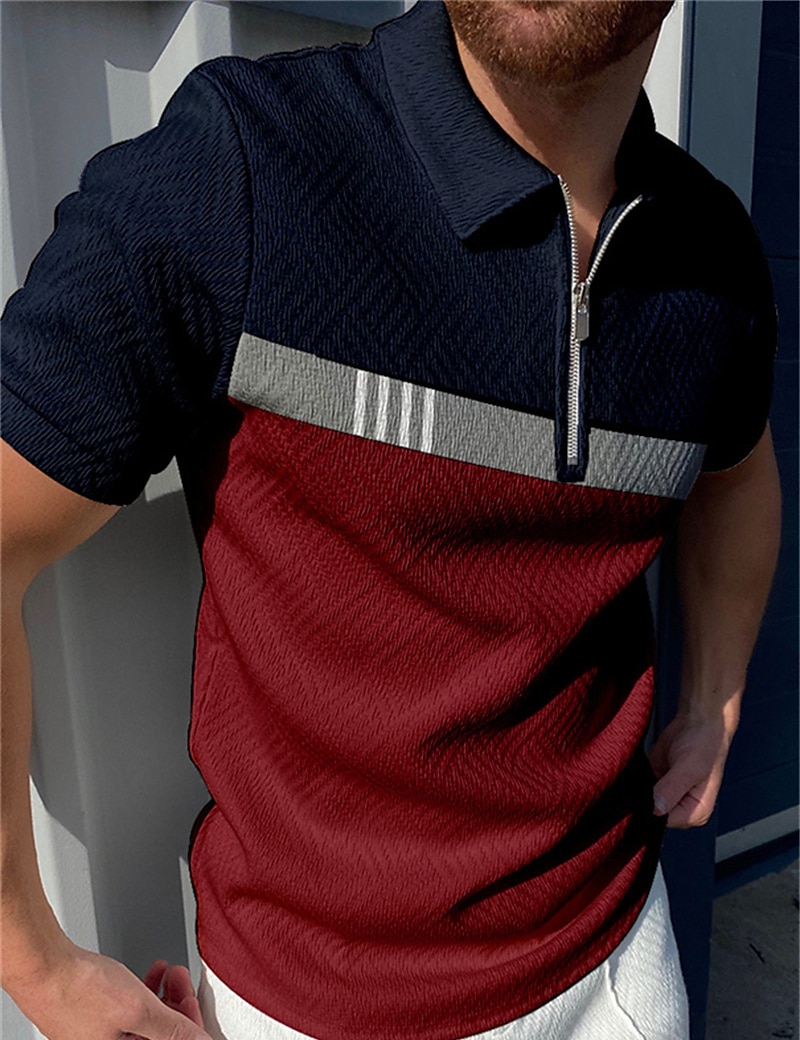 Men's Polo Shirt Golf Shirt Casual Holiday Lapel Quarter Zip Short Sleeve Fashion Basic Color Block Quarter Zip Polo Shirt