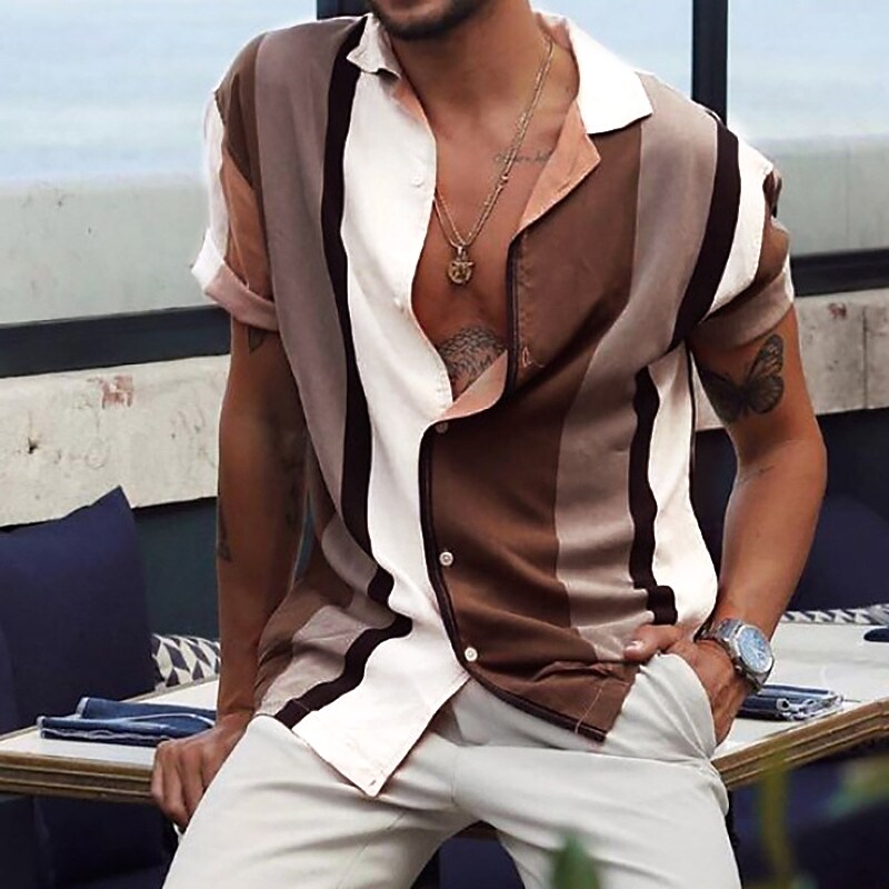 Men's Shirt Striped Collar Street Daily Button-Down Print Short Sleeve Tops Casual Fashion Breathable Comfortable Top