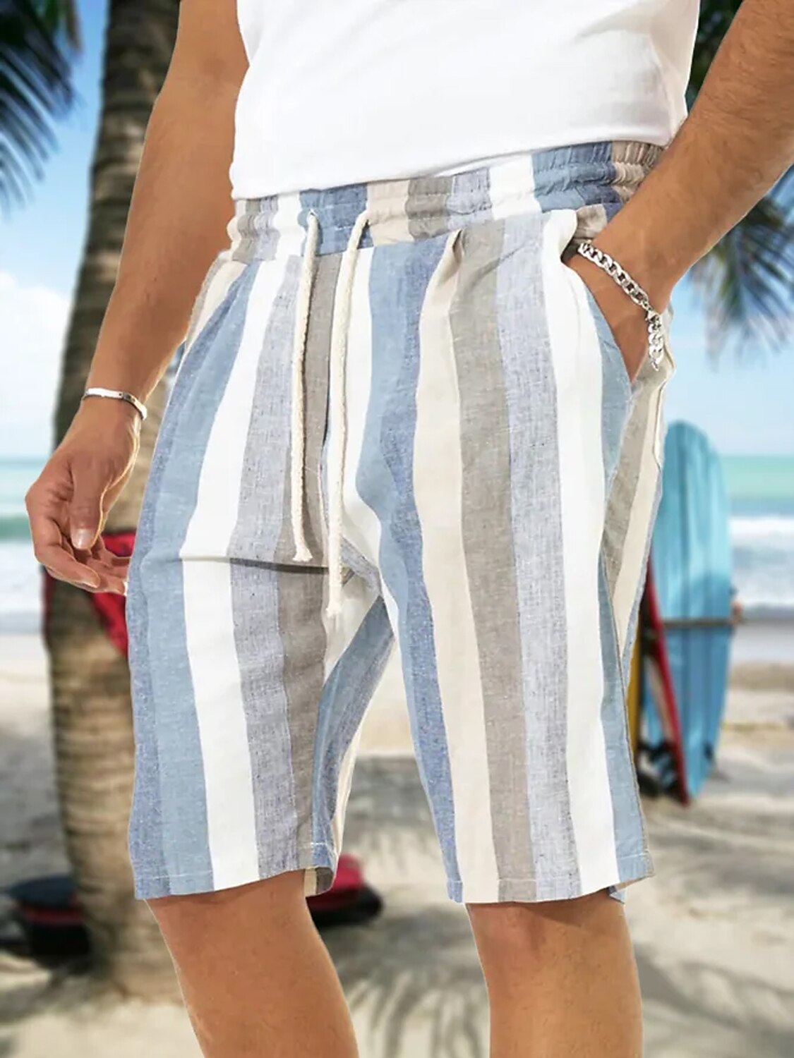 Men's Summer Beach Outdoor Street Fashion Breathable Comfortable Soft Pocket Stripe Shorts