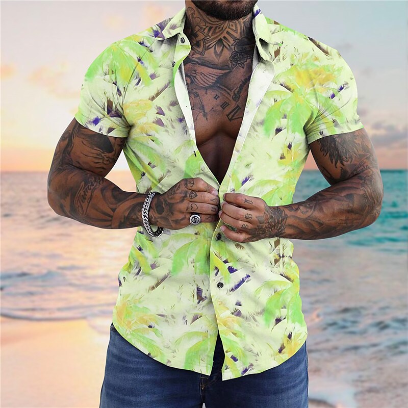 Men's Hawaiian Graphic Prints Leaves Turndown Casual Short Sleeves But