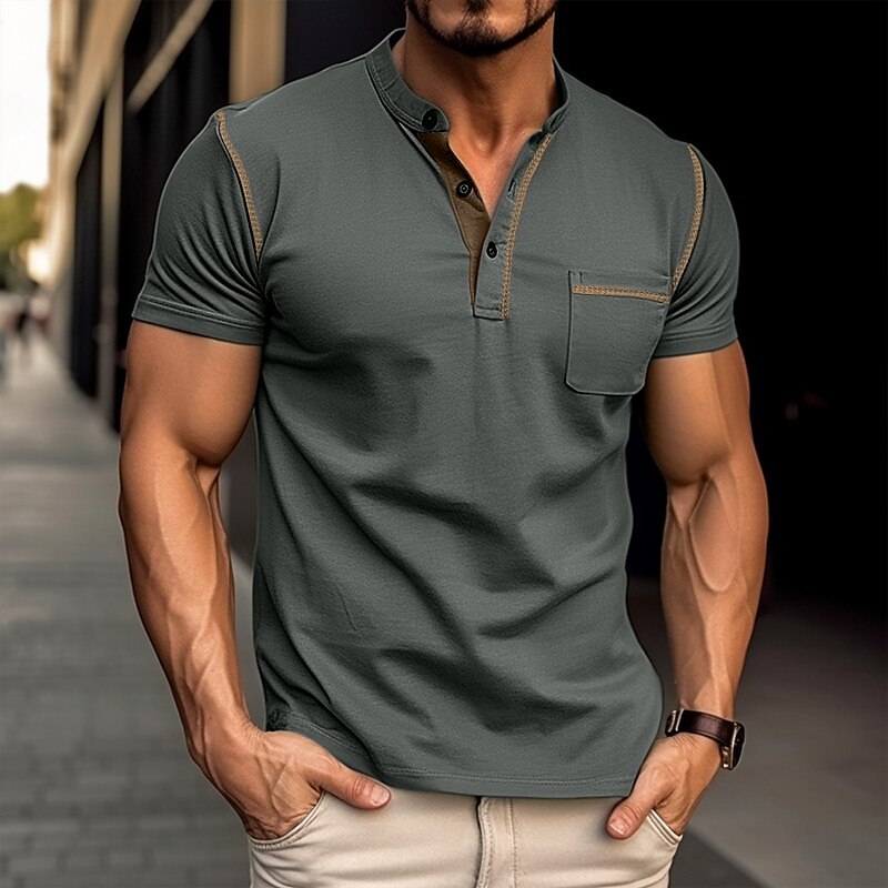 Men's Casual Street Vacation Fashion Breathable Soft Pocket Plain Short Sleeves Henley Shirt