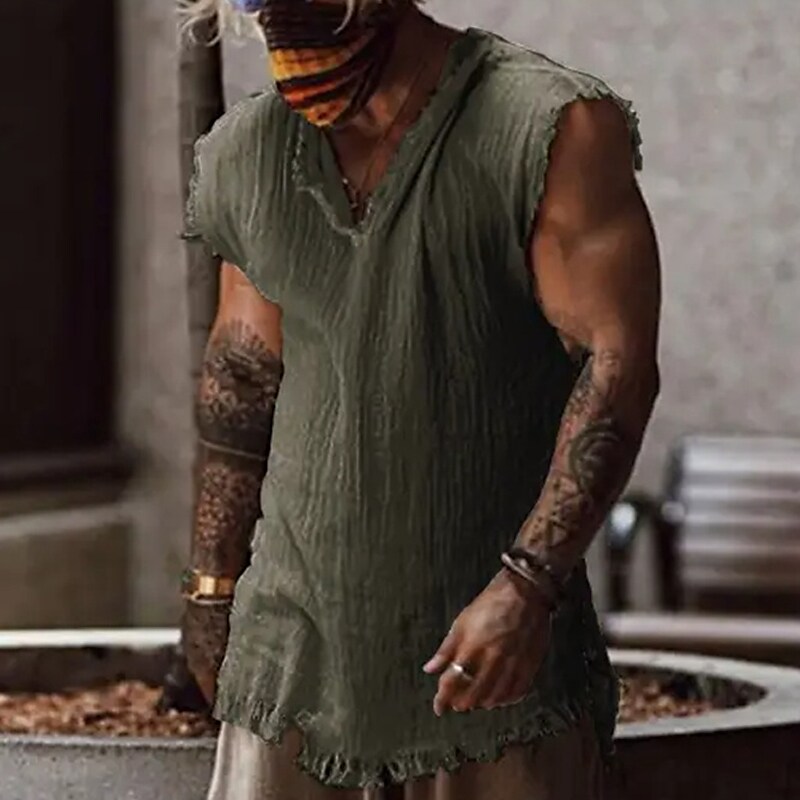 Men's Linen Shirt Summer Shirt Beach Shirt V Neck Summer Sleeveless Plain Holiday Vacation Top