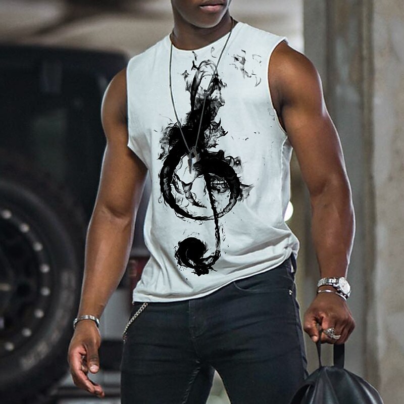 Men's Vest Top Sleeveless Graphic Musical Notes Crew Neck 3D Print Daily Sports Sleeveless Muscle Top