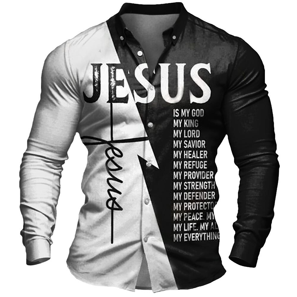 Men's Shirt Letter Graphic Prints Jesus Stand Collar Black Outdoor Street Long Sleeve Button-Down Print Top 