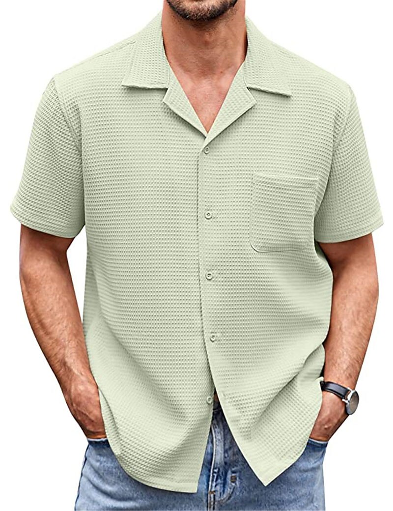 Men's Casual Vacation Beach Fashion Breathable Soft Front Pocket Plain Short Sleeves Shirt