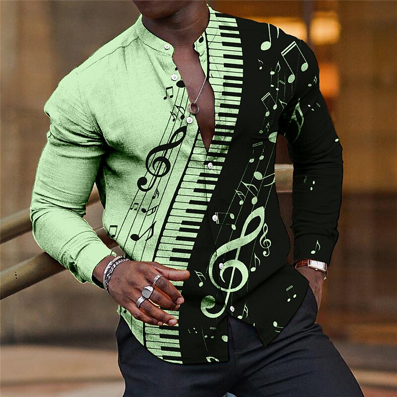 Men's Linen Graphic Prints Music Notes Pano Keys Stand Collar Long Sleeve Streetwear Casual Shirt 