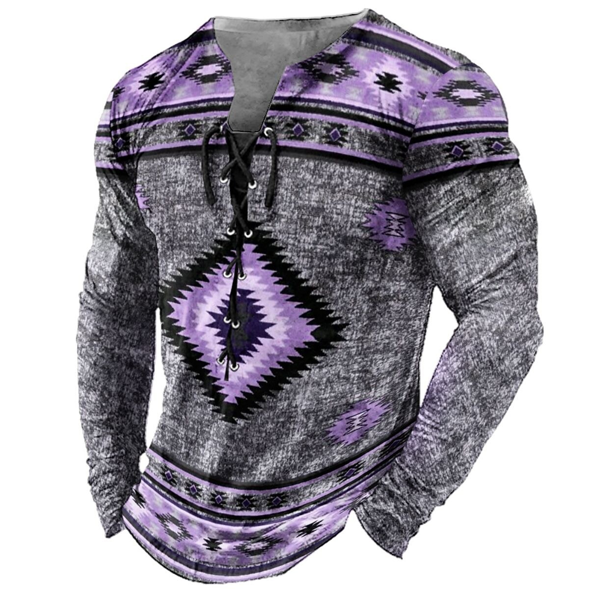 Men's T shirt Graphic Tribal Collar Print Outdoor Street Long Sleeve Lace up Clothing Casual Top