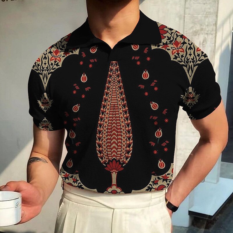 Men's Polo Shirt Golf Shirt Floral Graphic Prints Vintage V Neck Red Gray Outdoor Street Short Sleeves Print Sports Fashion Streetwear 