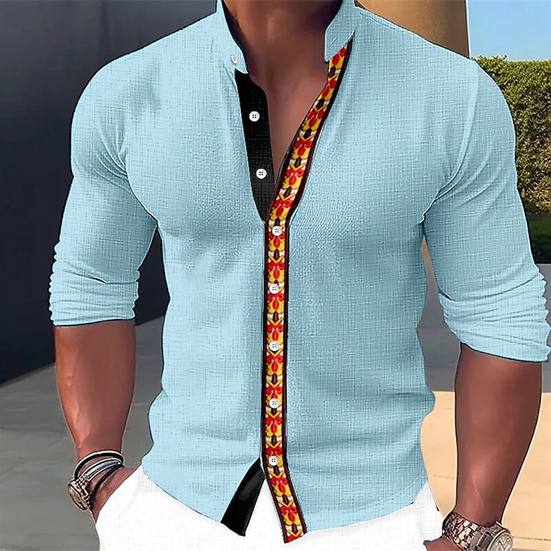 Men's Linen Shirt Graphic Prints Geometry Stand Collar Outdoor Street Long Sleeve Print Linen Casual Shirt 