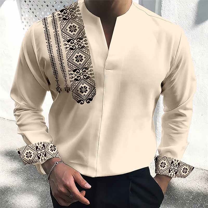Men's Shirt Floral Vintage Geometry Totem V Neck Outdoor Street Long Sleeve Print  Fashion Casual Top