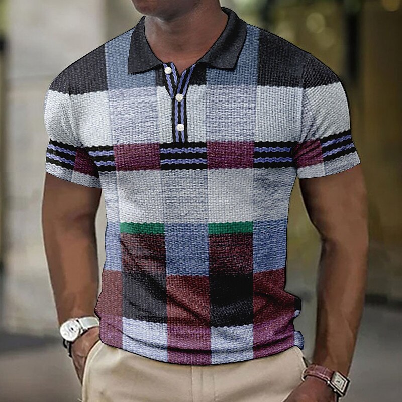 Men's Waffle Outdoor Fashion Street Breathable Comfortable Soft Plaid Short Sleeves Polo Shirt