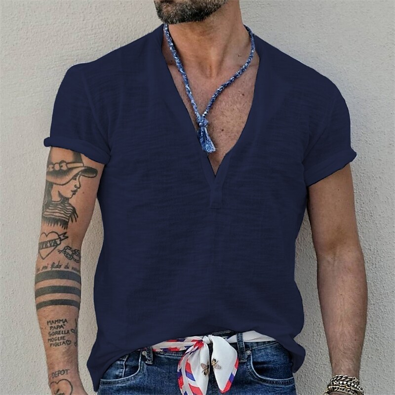 Men's Outdoor Street Casual Comfortable Breathable Lightweight Plain Lapel Short Sleeve Shirt