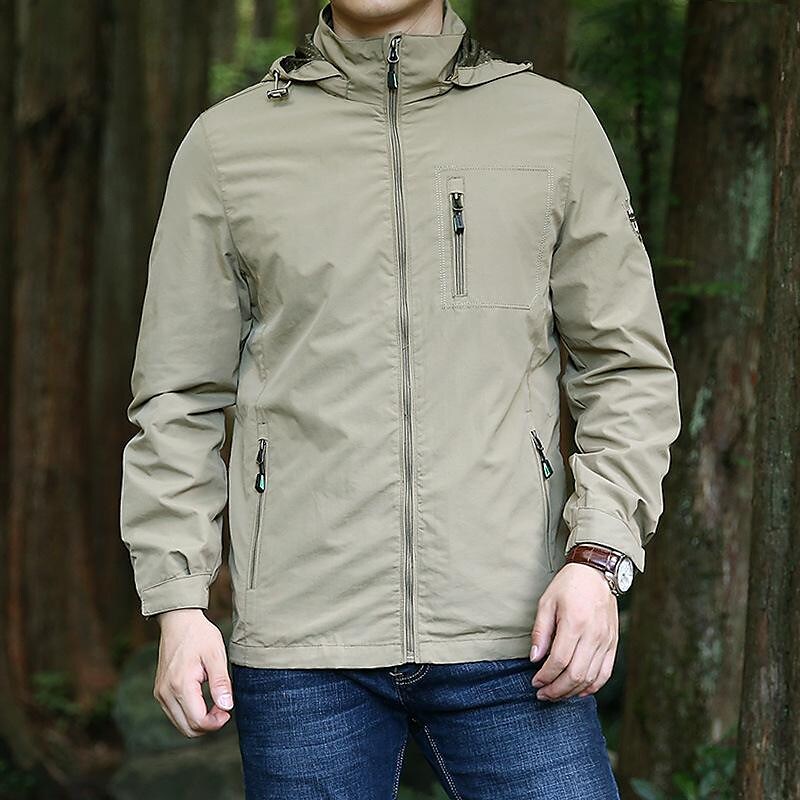 Men's Outdoor Hiking Camping Fishing Zippered Pockets Breathable Wind Proof Water Proof Solid Color Long Sleeve Jacket