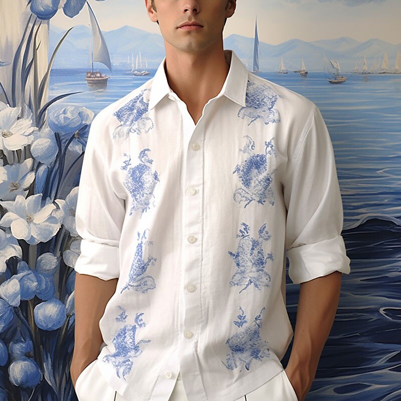 Men's Linen Shirt Floral Graphic Prints TurndownOutdoor Street Long Sleeve Print Linen Casual Shirt 