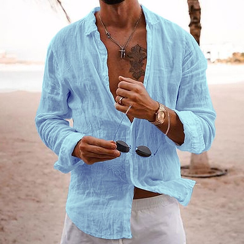 Men's Linen Casual Shirt Beach Shirt  Long Sleeve Plain Lapel  Hawaiian Shirt 