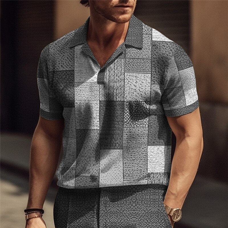Men's Cuban Collar Shirt Lapel Polo Shirt Plaid / Check Graphic Prints Geometry Stand Collar Outdoor Street Short Sleeve Print Linen Top
