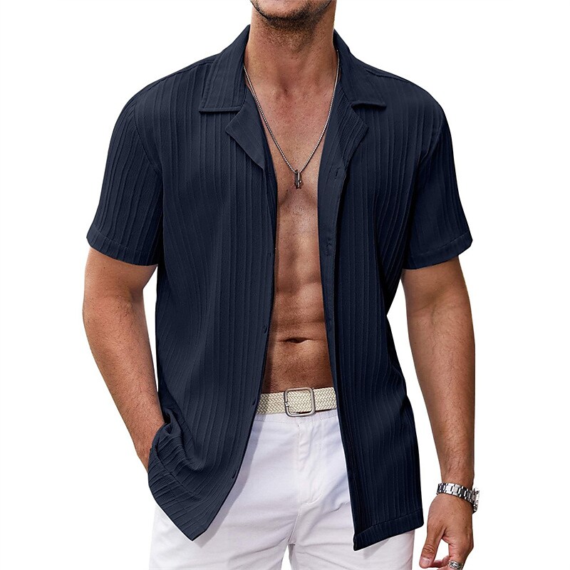 Men's Outdoor Beach Casual Comfortable Breathable Lightweight Plain Lapel Short Sleeve Shirt