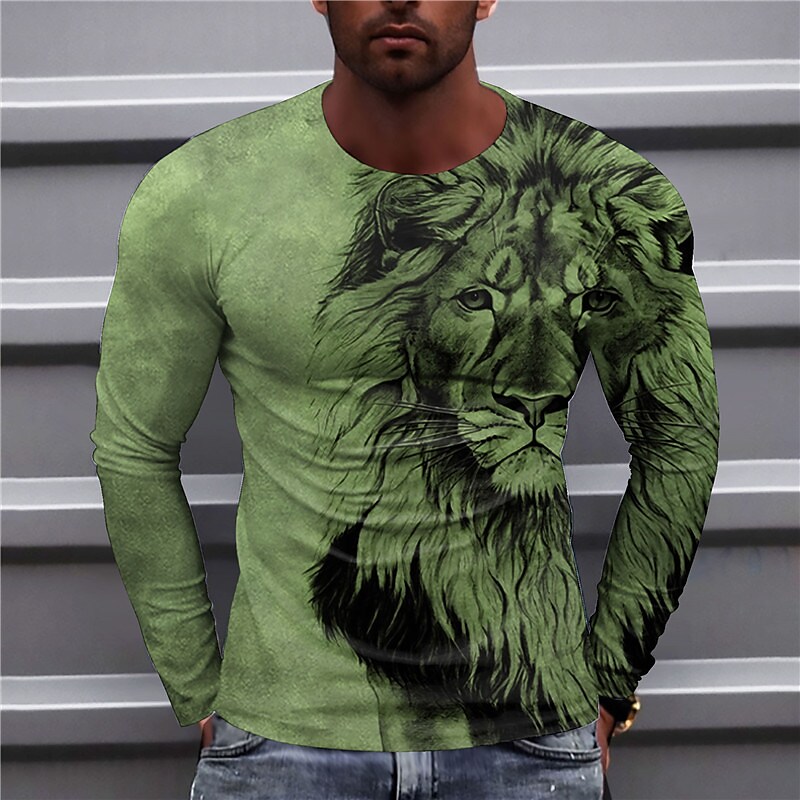Men's T shirt Graphic Animal Lion Crew Neck Clothing Apparel 3D Print Outdoor Casual Long Sleeve Print Top