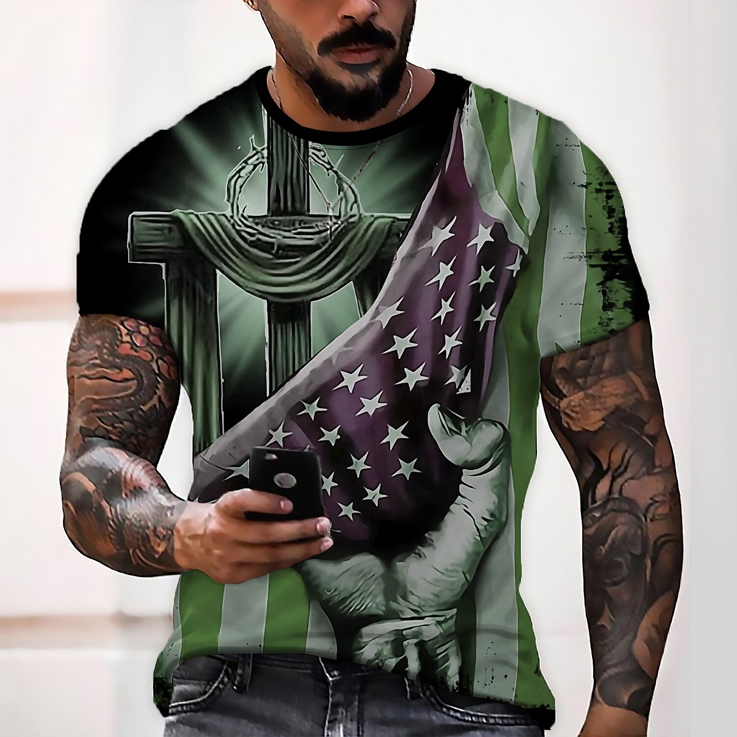 Men's T shirt Tee Cross National Flag Round Neck 3D Print Outdoor Street Short Sleeve Print Top