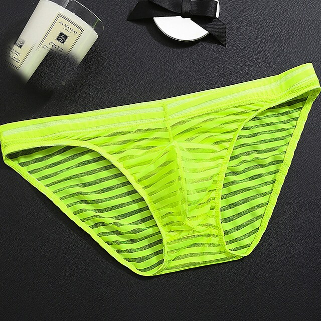 Men's Mesh See-Through Sexy Solid Color Striped Elastic Mid-Waist Underwear