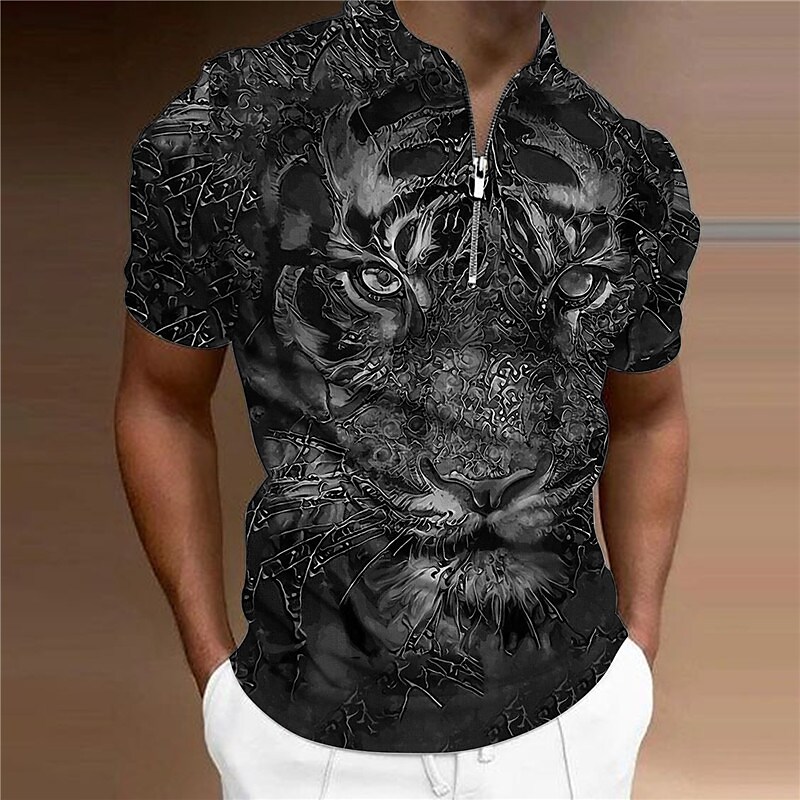 Men's Polo Shirt Casual Outdoor Street Golf Animal Print Zipper Stand Collar Top Short Sleeve