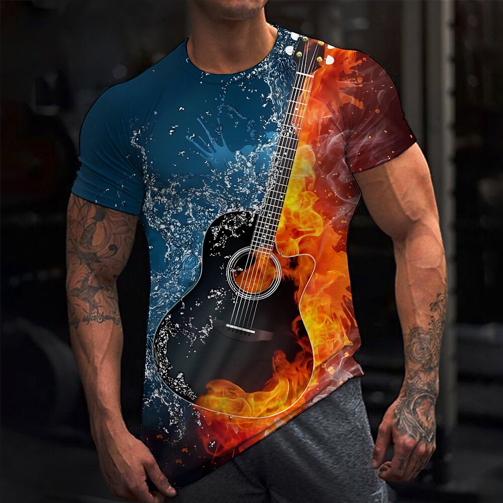 Men's T shirt  Graphic Color Block Guitar Musical Instrument Crew Neck 3D Print Outdoor Casual Short Sleeve Vintage Top