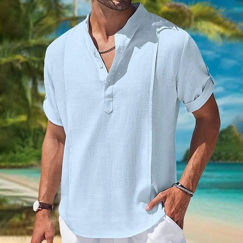 Men's Beach Lightweight Stand Collar Plain Hawaiian Vacation Casual Short Sleeves
