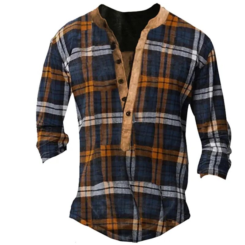 Men's Henley Shirt Long Sleeve Shirt Plaid / Check Henley Street Vacation Long Sleeve Fashion Top