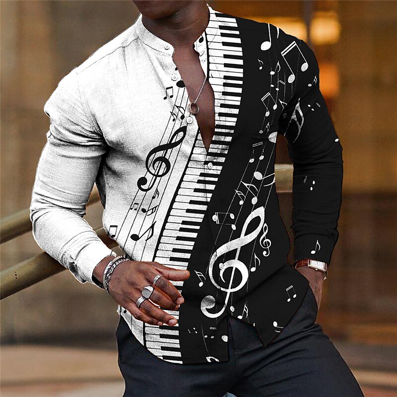 Men's Linen Graphic Prints Music Notes Pano Keys Stand Collar Long Sleeve Streetwear Casual Shirt 