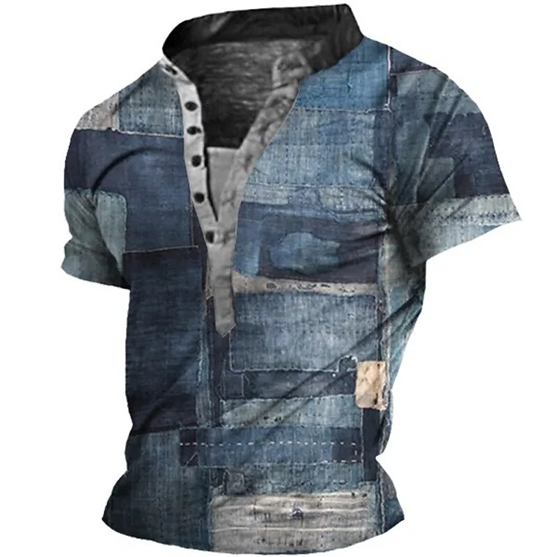 Men's Outdoor Street Fashion Casual Breathable Comfortable Button Light Waffle Stand Collar Short Sleeve Henley Shirt