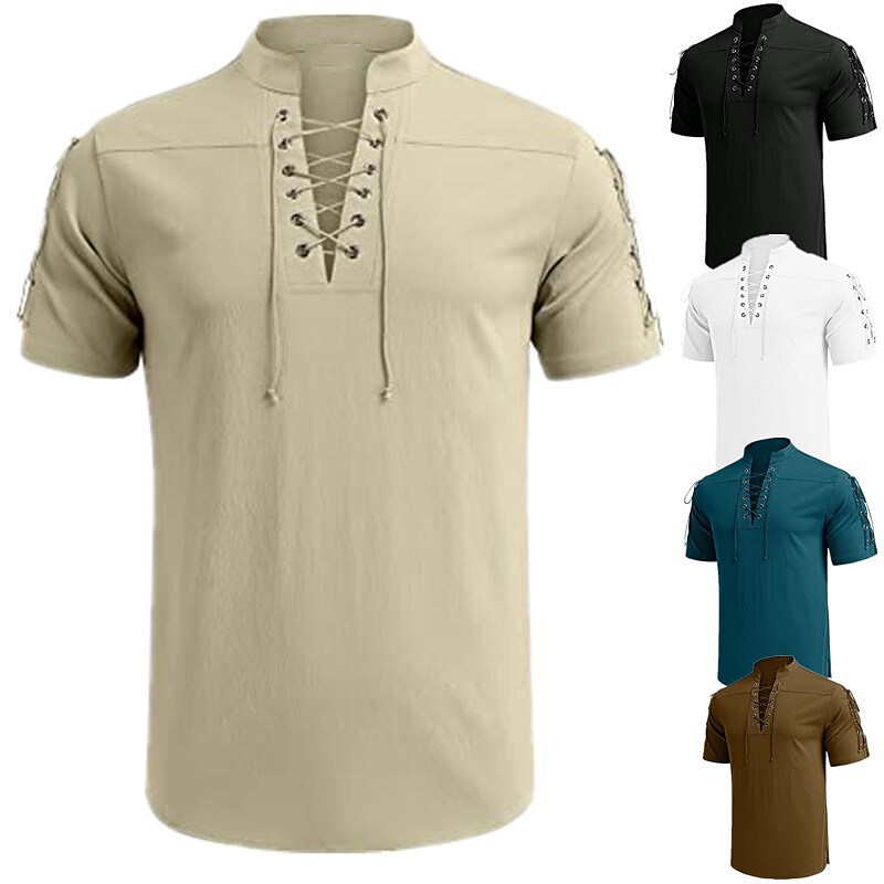 Men's Linen Shirt Beach Shirt V Neck Summer Short Sleeve Black White Brown Plain Casual Daily Lace up Top