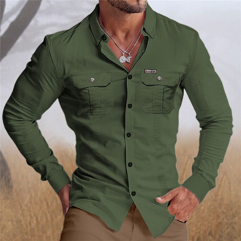 Men's Work Outdoor Button Solid Color Pocket Fashion Comfortable Casual Long Sleeve Shirt