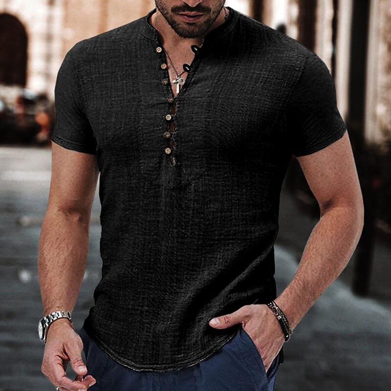 Men's Outdoor Street Casual Comfortable Breathable Lightweight Plain Lapel Short Sleeve Shirt