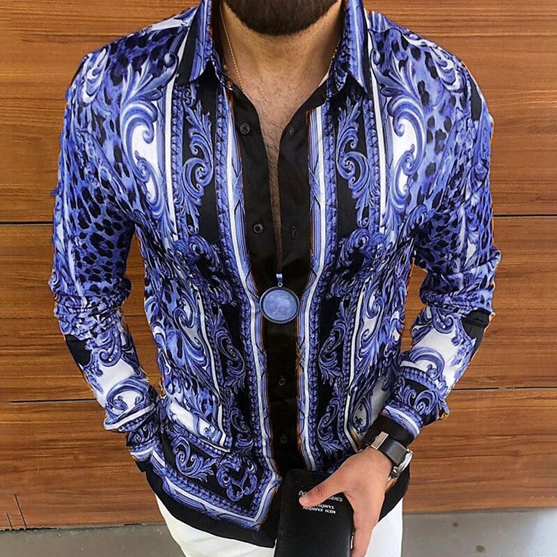 Men's Graphic Shirt Graphic Color Block Geometry Down Collar Casual Long Sleeve Patchwork Button-Down Boho Streetwear Shirt 