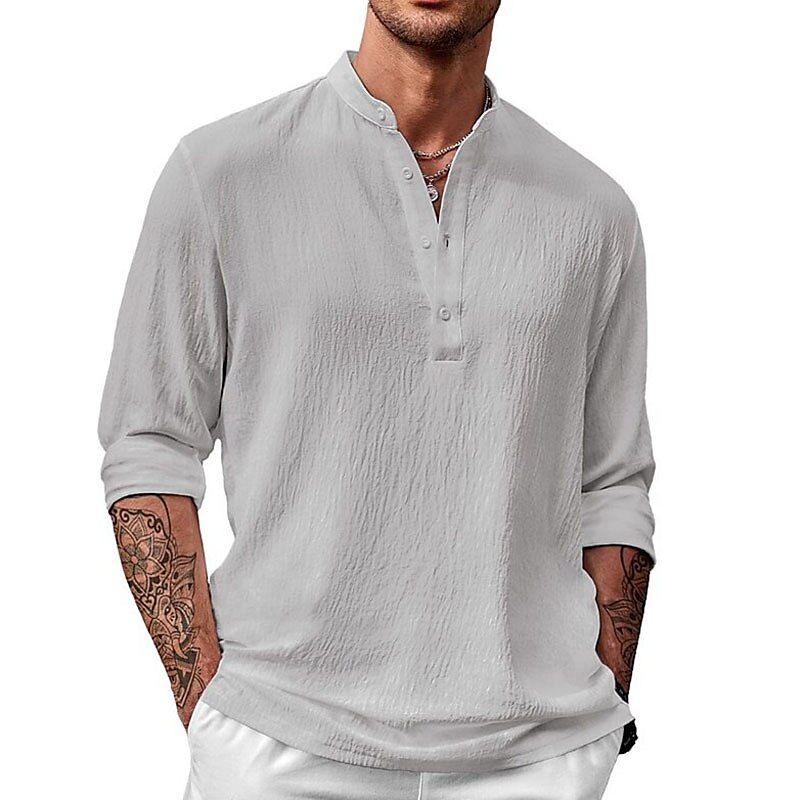 Men's Linen Shirt Summer Shirt Beach Shirt  Long Sleeve Plain Stand Collar Spring & Summer Hawaiian Holiday Basic Top